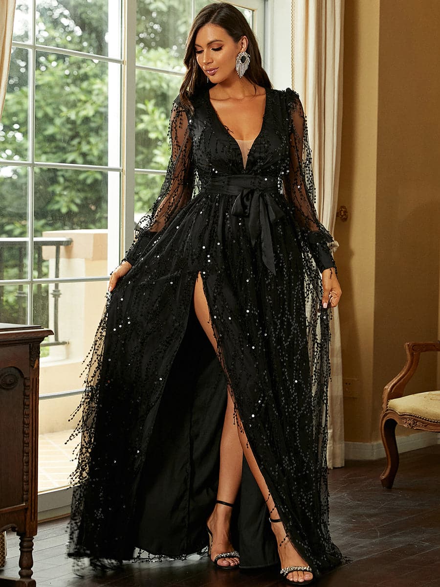 Long Sleeve Split Designer Tulle Black Prom Dress M02086