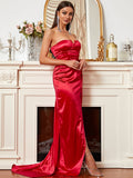 Draping Off Shoulder Satin Red Mermaid Prom Dress XJ1111