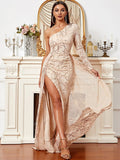 One Shoulder Gold Maxi Sequin Prom Dress XJ987