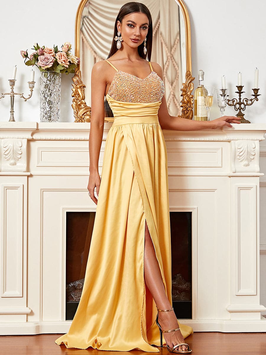 Backless Sleeveless Yellow Maxi Satin Prom Dress XH2023