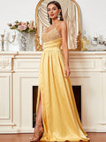 Backless Sleeveless Yellow Maxi Satin Prom Dress XH2023