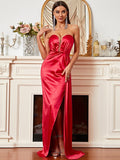 Sleeveless Satin Designer Red Maxi Satin Prom Dress XJ1112