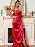 Sleeveless Satin Designer Red Maxi Satin Prom Dress XJ1112