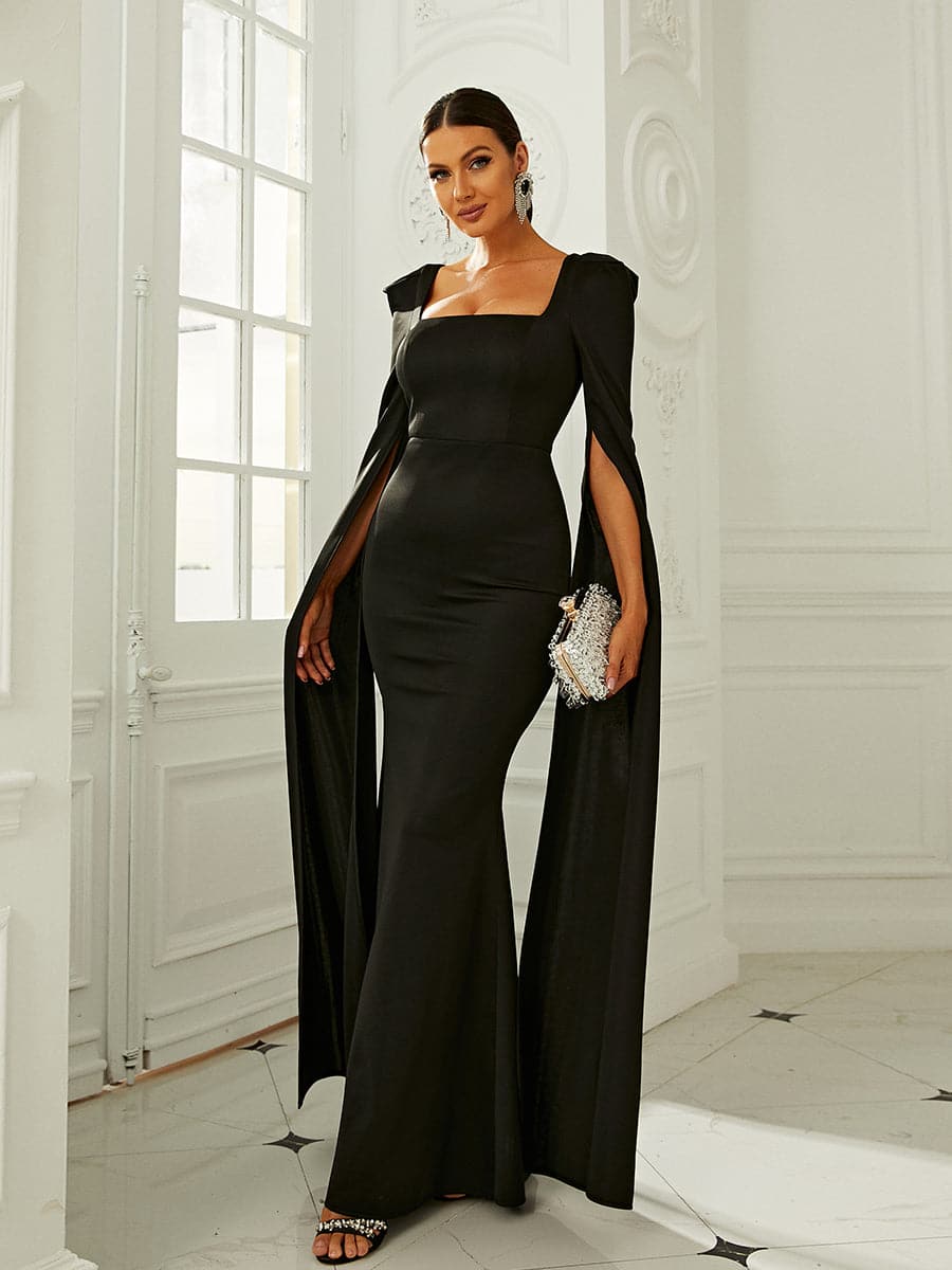 Formal Square Neck Long Sleeve Black Prom Dress XJ878 S-4XL