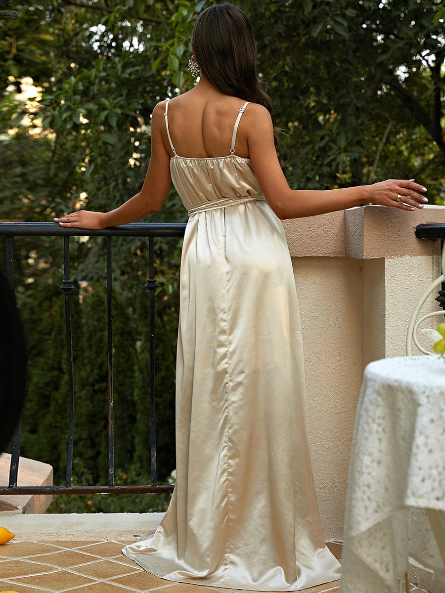 Backless Wrap Glaze White Maxi Satin Prom Dress XJ1227