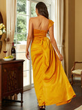 Backless One Shoulder Split Yellow Maxi Satin Prom Dress XJ1271