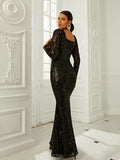 Backless Deep V Neck Long Sleeve Sequin Prom Dress XJ1329
