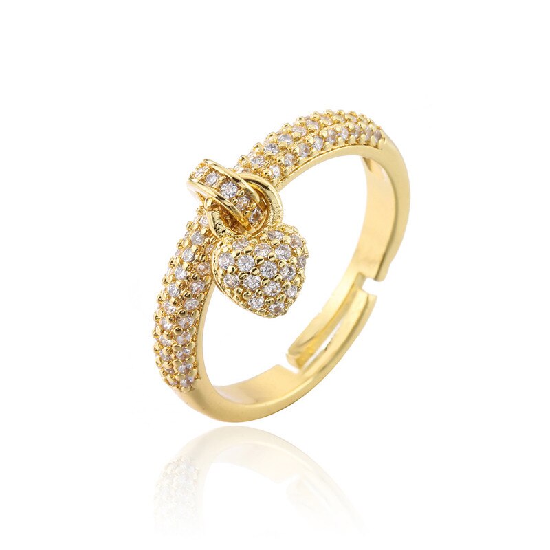Colourful Cubic Zirconia Pave Setting Wedding Jewelry  Trendy Gold Color Heart Charm Finger Ring For Women