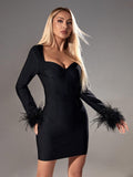Nixie Long Sleeve Feather Bandage Dress In Black