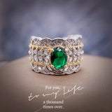 Italian retro court style hollow pattern two-color gold couture jewelry lace imitation emerald dove egg ring