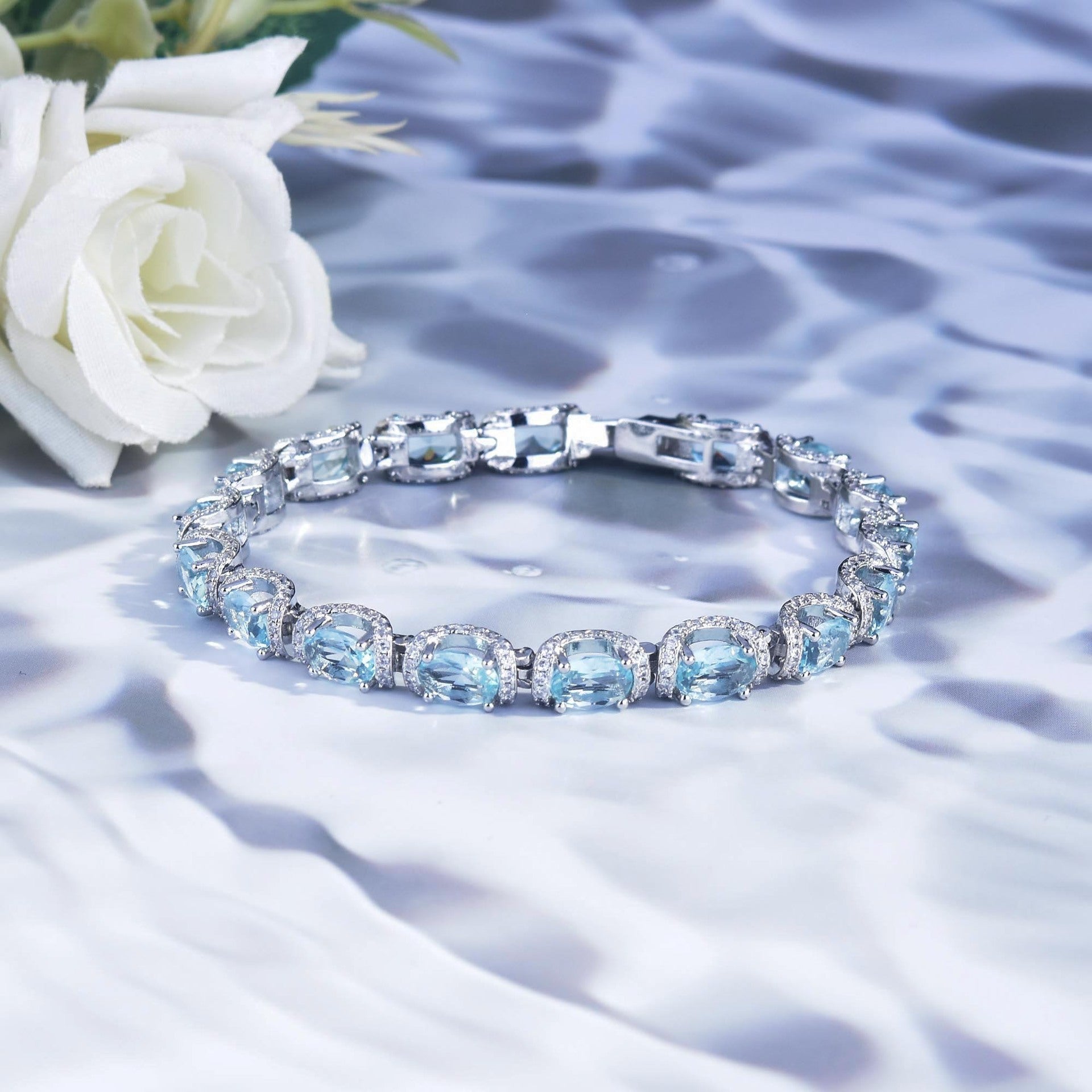 New light luxury micro-encrusted diamond sea blue row ring Princess Galaxy lace lace aquamarine bracelet color treasure ring