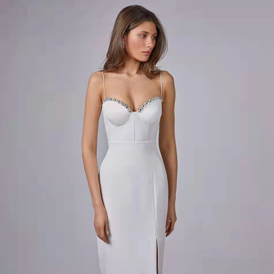 Sexy diamond-encrusted socialite temperament sling split bandage dress banquet dress