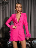 Ocean Feather Trimmed Bandage Blazer Dress In Hot Pink