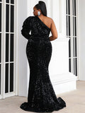 One Shoulder Cut Out Black Mermaid Sequin Prom Dress M0803 S-4XL