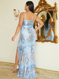 Backless Deep V-Neck Maxi Sexy Sleeveless Blue Prom Dress XJ1465 S-4XL