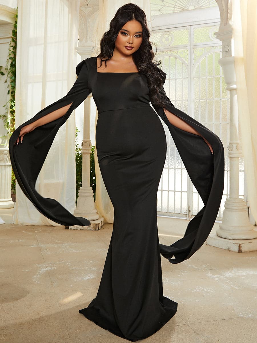 Formal Square Neck Long Sleeve Black Prom Dress XJ878 S-4XL