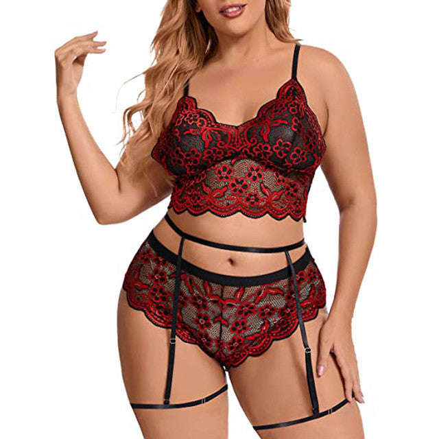 Plus Size Women Sexy Lingerie Set Embroidery Lace Bra And Thongs Underwear Set Perspective Mesh Floral Erotic Lingerie Sexy 4XL