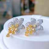 Silver  Inlaid Diamond Petal Yellow Stamen Tassels Earrings Elegant Temperament Small unique Women's Birthday Present