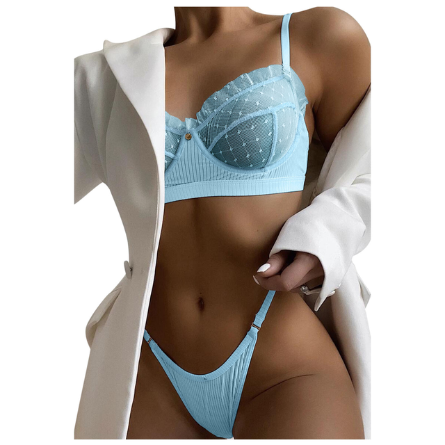 Ruffle Mesh Lace Lingerie 2 Piece Women Underwear Set Transparent Bras Panty Brief Sets White Sexy Lingerie Seamless Bra Set