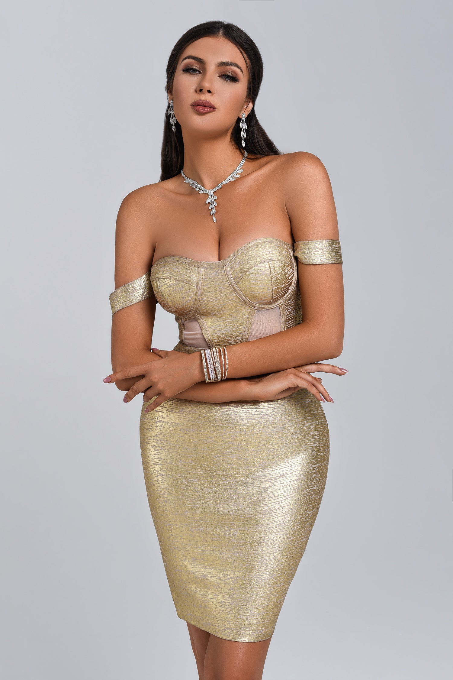 Sakari Off Shoulder Metallic Cocktail Dress - Gold