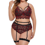 Sexy Lingerie Set For Women Floral Lace Scallop Trim Underwear Plus Size Embroidery Bra Garters Brief Sets Erotic Costumes 4XL
