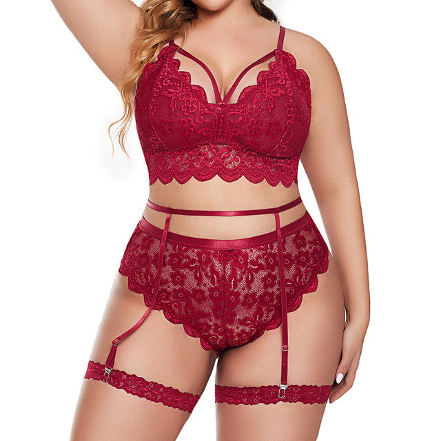 Sexy Lingerie Set For Women Floral Lace Scallop Trim Underwear Plus Size Embroidery Bra Garters Brief Sets Erotic Costumes 4XL