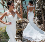 Sexy Mermaid Wedding Dress Lace Beads Sleeveless Open Back Appliqued Illusion Neck Boho Wedding Gown Long Tail
