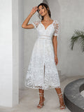 Simplee Retro corset v-neck buttons party white dress summer women Elegant high waist split maxi robe Print ruffle vestido