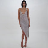 Sparkling Crystals Embellished Slit Asymmetrical Backless Slip Dress With U-Shaped Draped Neckline And Jeweled Straps Chains