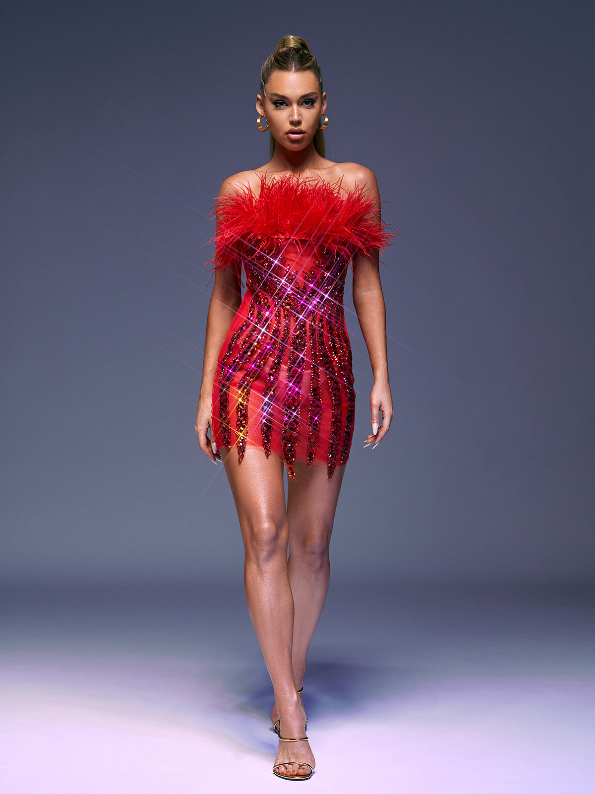 Tanaia Strapless Mesh Feather Bandage Dress In Red