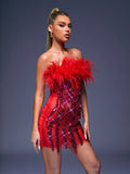 Tanaia Strapless Mesh Feather Bandage Dress In Red