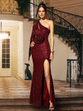 One Shoulder Split Thigh Maxi Sequin Red Prom Dress WY41