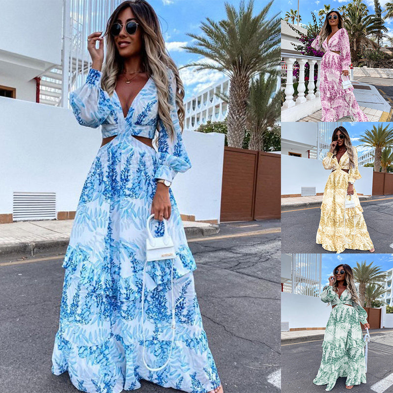 Women Tunic Beach Cover Up Summer Sexy V-Neck Backless Hollow Out Lantern Sleeve Maxi Dress Female Club Party Long Dresses