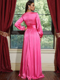 V-Neck Long Sleeve Maxi Satin Purple Prom Dress XH2238