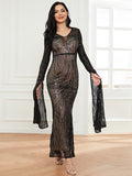 V Neck Long Sleeve Black Maxi Sequin Formal Dress XH2284
