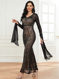 V Neck Long Sleeve Black Maxi Sequin Formal Dress XH2284