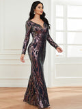 V Neck Long Sleeve DarkBlue Maxi Sequin Prom Dress XH2307