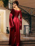 Off Shoulder Cape Maxi Satin Red Formal Dress XH2320