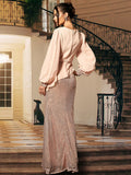 V Neck Bishop Sleeve Maxi Sequin Formal Sequin Dress XH2321