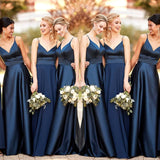 Navy blue Bridesmaid Dresses long A-Line Satin Spaghetti straps Wedding Party Dress For Bridesmaid group dress for wedding
