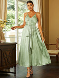Backless V-Neck Sleeveless Satin Green Maxi Prom Dress XJ1346