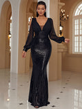 V Neck Cut Out Mermaid Sequin Black Prom Dress XH2075