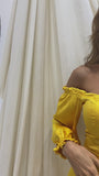 Off Shoulder Frill Trim Split Thigh Yellow Maxi Satin Prom Dress XJ387
