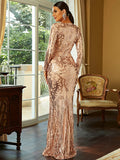 Long Sleeve Zip Back Gold Maxi Sequin Prom Dress FT8578