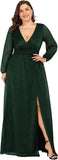 Women's Long Sleeved Shiny Long Split Evening Dress Plus Size V Neck 00739