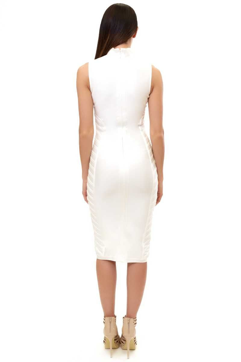 Analise - White High Neck Bandage Midi Dress