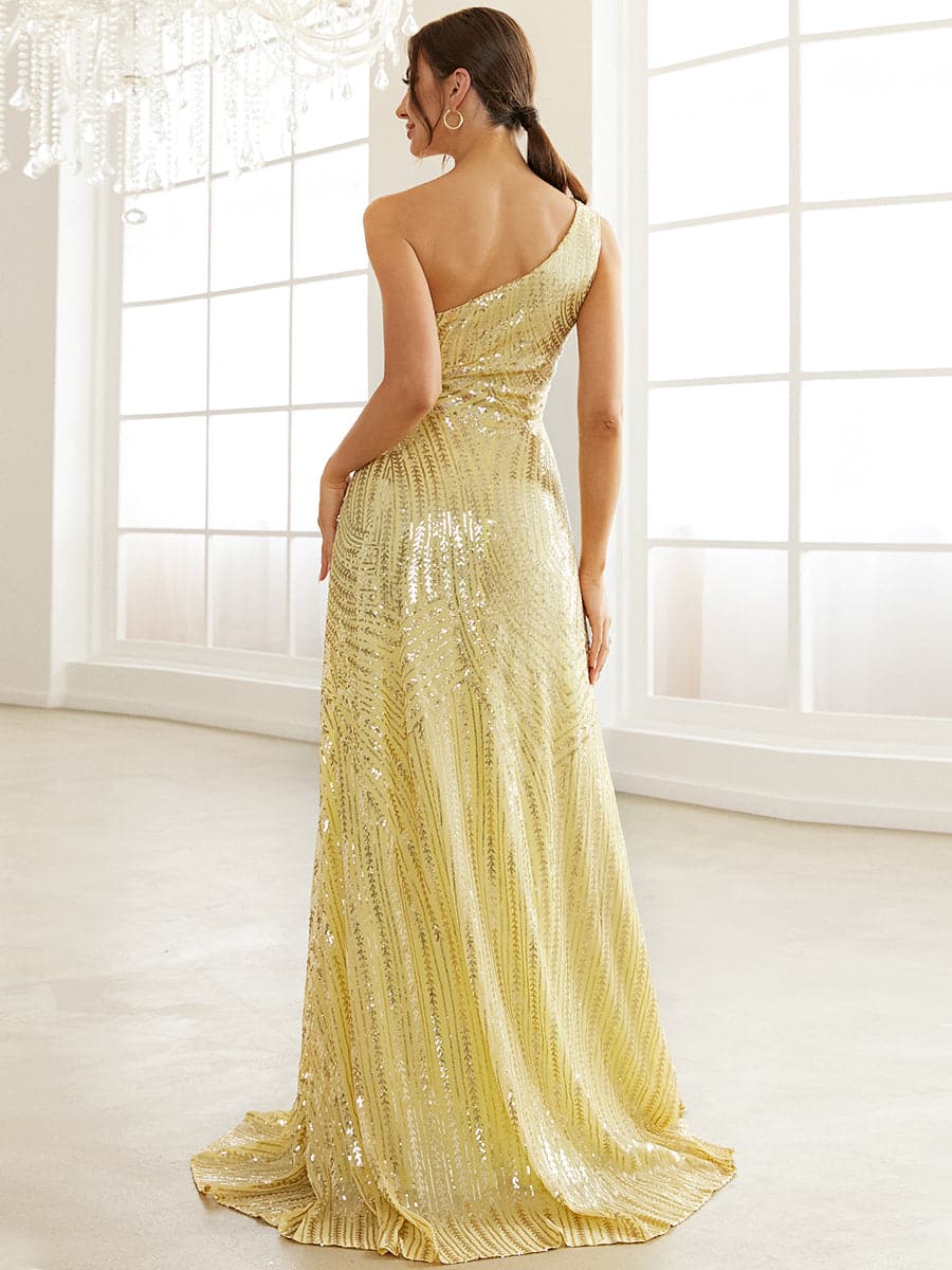 A Line Yellow Sequin One Shoulder Off Prom Dress XJ1534 S-4XL