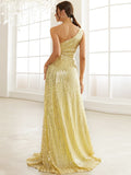 A Line Yellow Sequin One Shoulder Off Prom Dress XJ1534 S-4XL