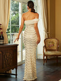 Backless Off Shoulder Gold Mermaid Maxi Prom Sequin Dress XJ1401