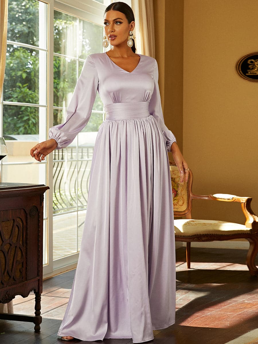 V-Neck Long Sleeve Maxi Satin Purple Prom Dress XH2238